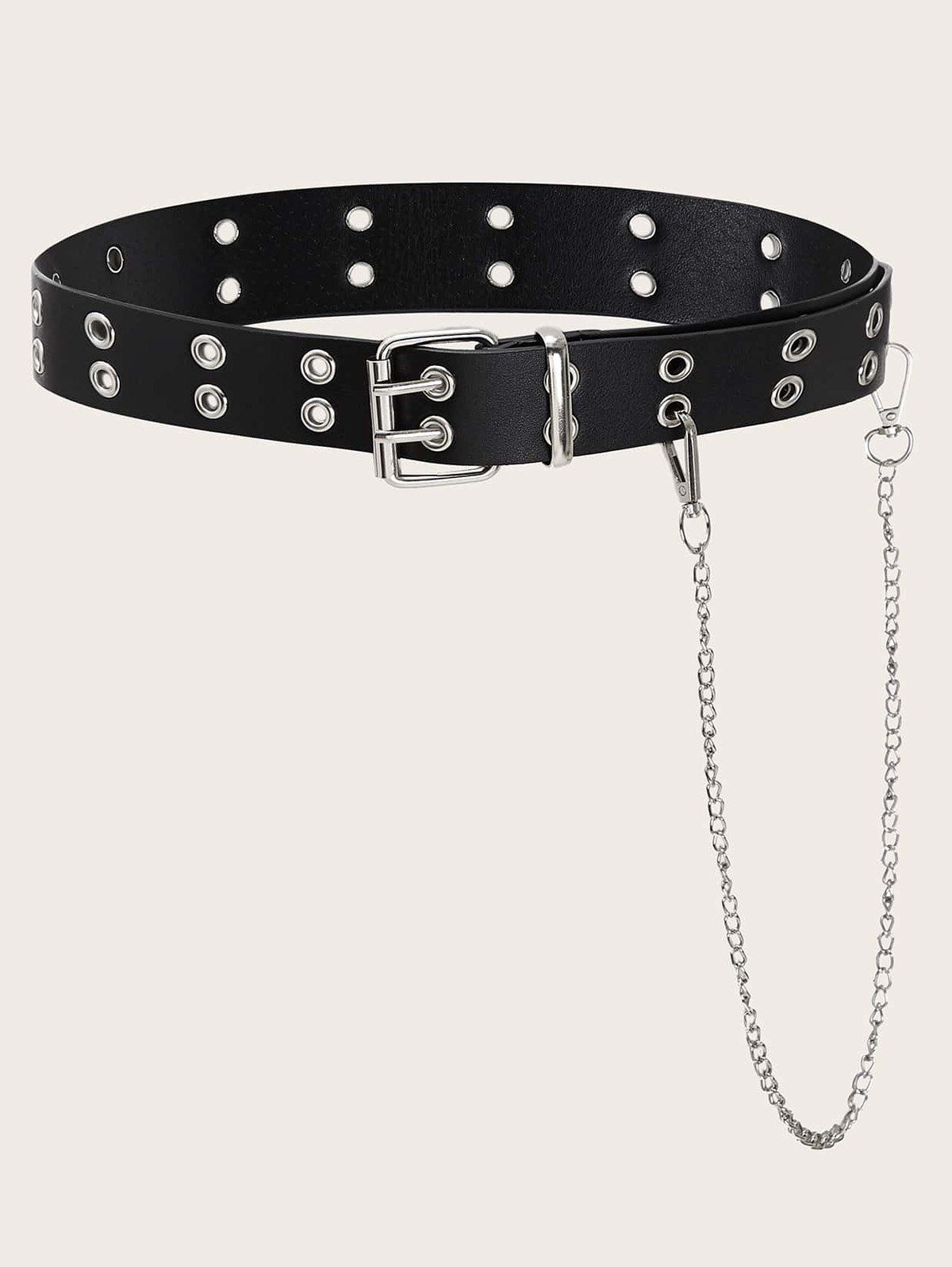 Eyelet Metal Buckle Chain Tassel PU Gothic Waist Belt - Noir 
