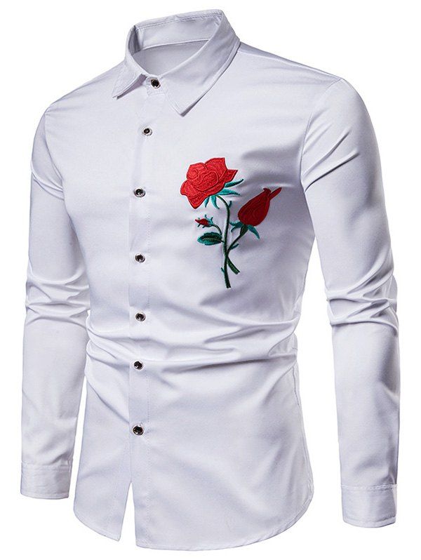 Button Up Shirt Embroidery Rose Pattern Long Sleeve Turn Down Collar Casual Shirt - WHITE XXL