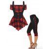 Plaid Print Off the Shoulder Asymmetric T Shirt Lace Up Corset Tank Top And High Waist Cropped Leggings Outfit - RED M