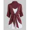 Asymmetric Roll Up Sleeve Mock Pocket Heathered Knot Top And Basic Camisole Contrast Two Piece Set - DEEP RED XXXL