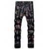 Stripe Painting Print Denim Pants Zip Fly Long Straight Casual Jeans - BLACK 38