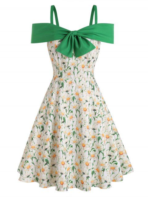 Vacation Dress Floral Dress Colorblock Bowknot High Waisted A Line Mini Dress