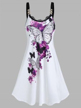 A Line Dress Butterfly Floral Print Dress Lace Insert O Ring Casual Midi Dress