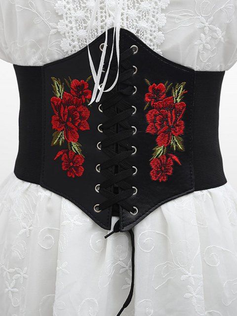 Flower Embroidery Vintage Lace Up PU Elastic Wide Waist Belt