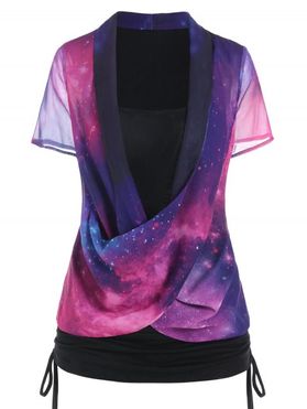 2 In 1 Galaxy T Shirt Crossover Ruched Cinched Side Short Sleeve Summer Tee