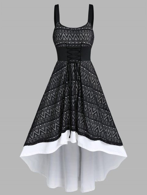 Casual Dress Geometric Print Dress Lace Overlay Lace Up High Low Midi Summer Dress