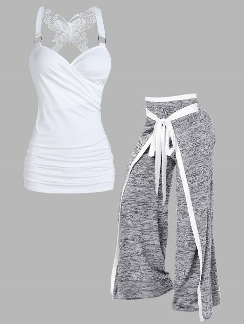 Butterfly Lace O Ring Surplice Tank Top And Space Dye Bowknot Wide Leg Pants Casual Outfit