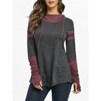 

Contrast Heathered Hooded Thumb Hole Kangaroo Pocket Ruched T-shirt, Gray