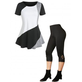 

Colorblock Short Sleeve T Shirt And Lace Hem Embroidery Applique Cropped Leggings Outfit, Black