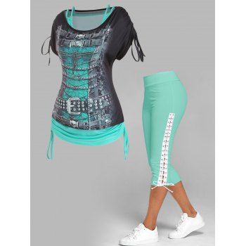 

Cinched Tank Top 3D Print T Shirt Two Piece Top And Lace Up Crop Leggings Casual Outfit, Light green