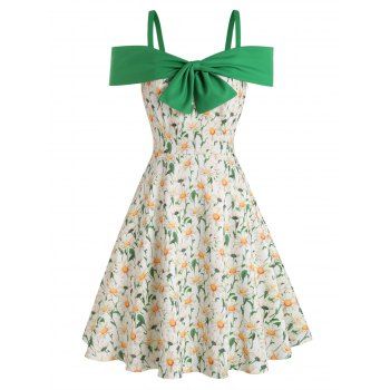 Vacation Dress Floral Dress Colorblock Bowknot High Waisted A Line Mini Dress