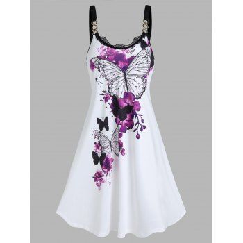 

A Line Dress Butterfly Floral Print Dress Lace Insert O Ring Casual Midi Dress, White