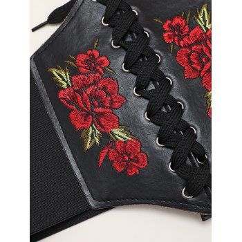 Flower Embroidery Vintage Lace Up PU Elastic Wide Waist Belt