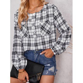 

Plaid Print Shirt Half Button Front Pocket Round Neck Long Sleeve Casual Shirt, White