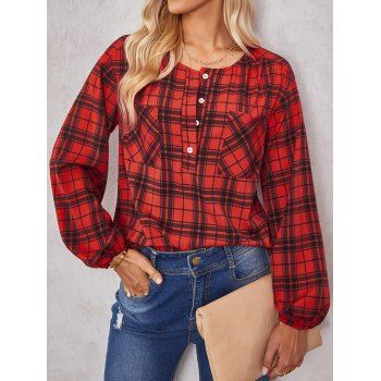 

Plaid Print Shirt Half Button Front Pocket Round Neck Long Sleeve Casual Shirt, Red