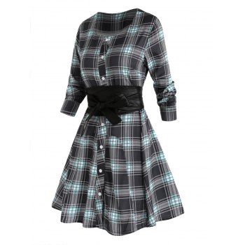 

Casual Dress Shirt Dress Plaid Print Belted Long Sleeve High Waisted A Line Mini Dress, Black