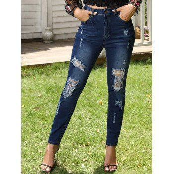 

Distressed Ripped Denim Pants Zip Fly Destroy Wash Long Casual Jeans, Deep blue