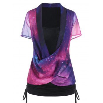 

2 In 1 Galaxy T Shirt Crossover Ruched Cinched Side Short Sleeve Summer Tee, Black