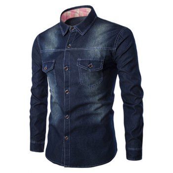 

Denim Shirt Front Pocket Long Sleeve Shirt Turn Down Collar Casual Button Up Shirt, Deep blue