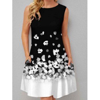 

Ombre Flower Print Mini Dress Sleeveless Casual A Line Tank Dress, Black