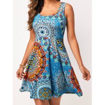 

Tribal Flower Tie Dye Printed Dress High Waist Mini Dress Sleeveless A Line Tank Dress, Blue