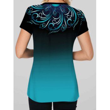 Tribal Pattern Print Ombre Ethnic T Shirt Mock Button Short Sleeve Casual Tee