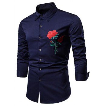 

Button Up Shirt Embroidery Rose Pattern Long Sleeve Turn Down Collar Casual Shirt, Deep blue