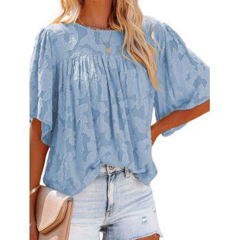 

Rose Flower Mesh Overlap Babydoll Blouse Half Sleeve Keyhole Casual Blouse, Light blue