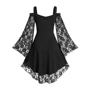 Gothic Dress Solid Color Dress Floral Lace Sleeve Lace Up Cold Shoulder A Line Mini Dress
