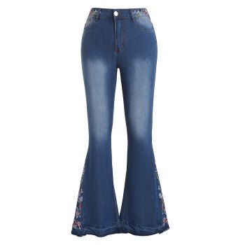 

Casual Flare Jeans Embroidery Flower Pockets Dark Wash Zipper Fly Denim Pants, Deep blue