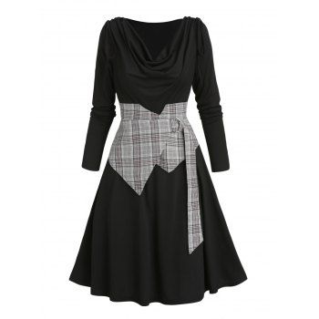 

Casual Dress Plaid Print Insert Draped Self Belted O Ring Long Sleeve A Line Mini Dress, Black