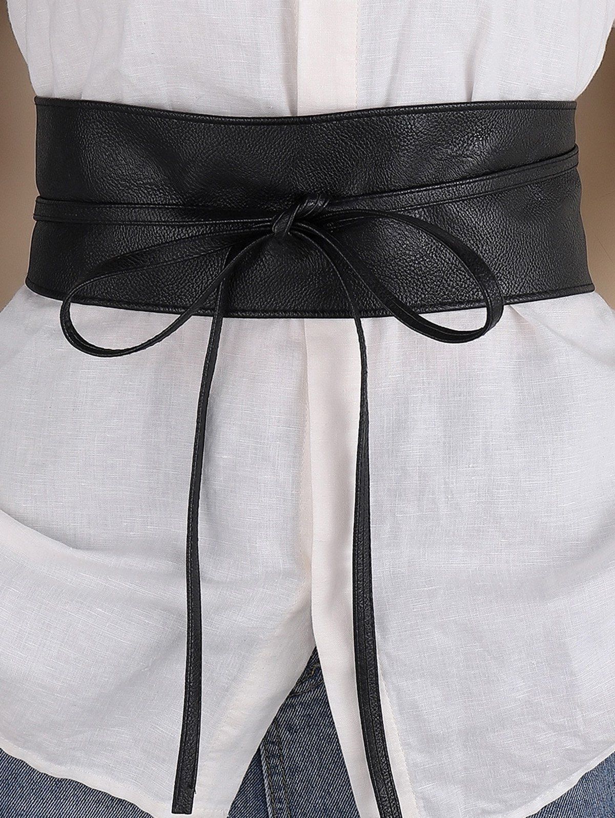 Decoration PU Bowknot Lace Up Elastic Waist Belt - Noir 
