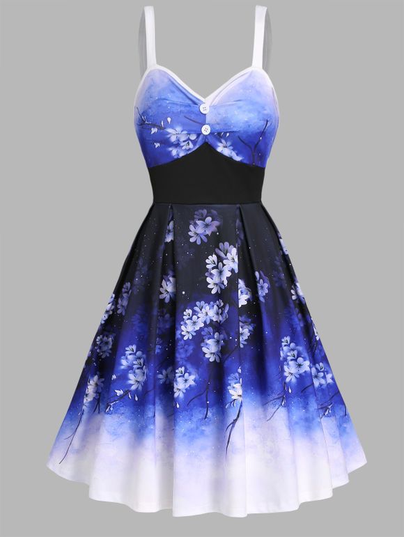 Ombre Dress Floral Dress Mock Button Empire Waist Vacation A Line Mini Dress - CONCORD XXXL