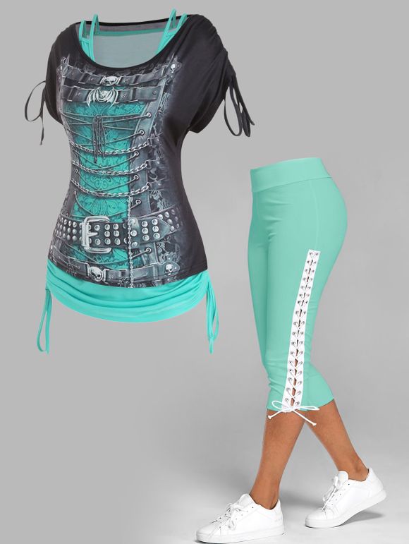 Débardeur Court 3D Imprimé et Haut-Bas Deux Pièces et Legging à Lacets - Vert clair S