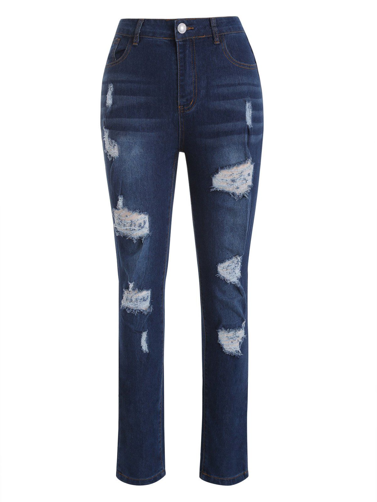 Ripped Jeans Pockets Zipper Fly Jeans Dark Wash Distressed Skinny Denim Pants 