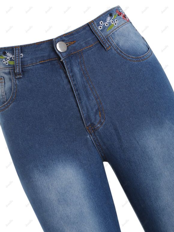 Jean Décontracté Zippé Fleur Brodée Au Lavage Foncé en Denim - Bleu profond M