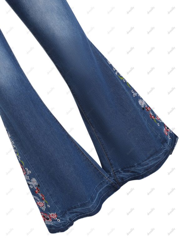 Jean Décontracté Zippé Fleur Brodée Au Lavage Foncé en Denim - Bleu profond M