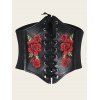 Flower Embroidery Vintage Lace Up PU Elastic Wide Waist Belt - Noir 