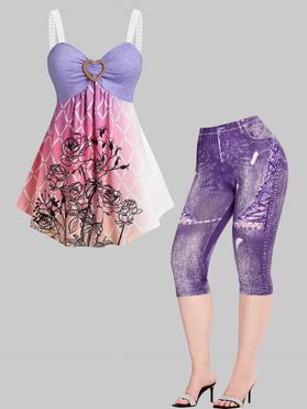 Argyle Ombre Flower Skirted Backless Tank Top And 3D Jeans Printed Skinny Cropped Leggings Plus Size Outfit
