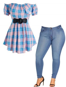 Plus Size Plaid Bowknot Off the Shoulder Tunic Blouse And Pockets Zipper Fly Jeans Outfit