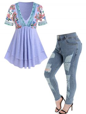 Flower Embroidered Mesh Plunging Layered T Shirt And Ripped High Rise Skinny Jeans Plus Size Outfit