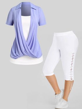 Crossover Draped Tee Basic Camisole Tops Set And Lace Up Skinny Leggings Plus Size Outfit