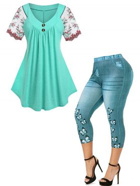 Plus Size Button Embroidered Lace Sleeve T Shirt And Butterfly 3D Print Capri Jeggings Casual Outfit