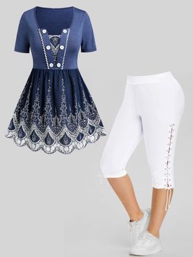 Floral Hollow Out Embroidery High Waist Skirted Tee And Lace Up Eyelet Skinny Cropped Leggings Plus Size Outfit