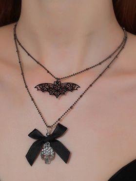 Halloween Gothic Bat Bowknot Skull Layered Adjustable Necklace