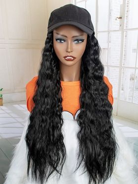 Baseball Hat With Long Fluffy Deep Wave Synthetic Wig