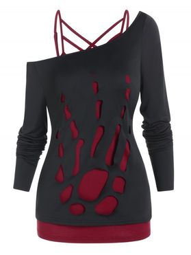 Gothic Top Crisscross Cami Top And Cut Out Hand-shaped Skew Neck Long Sleeve T Shirt Two Piece Top