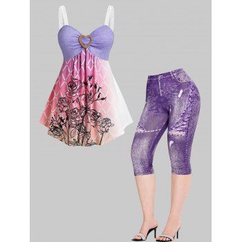 

Argyle Ombre Flower Skirted Backless Tank Top And 3D Jeans Printed Skinny Cropped Leggings Plus Size Outfit, Multicolor