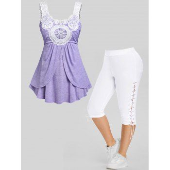 

Flower Lace Panel Ruched Overlap Empire Waist Tank Top And Eyelet Lace Up Skinny Cropped Leggings Plus Size Outfit, Multicolor