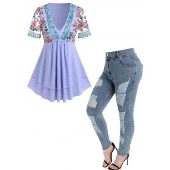 

Flower Embroidered Mesh Plunging Layered T Shirt And Ripped High Rise Skinny Jeans Plus Size Outfit, Multicolor